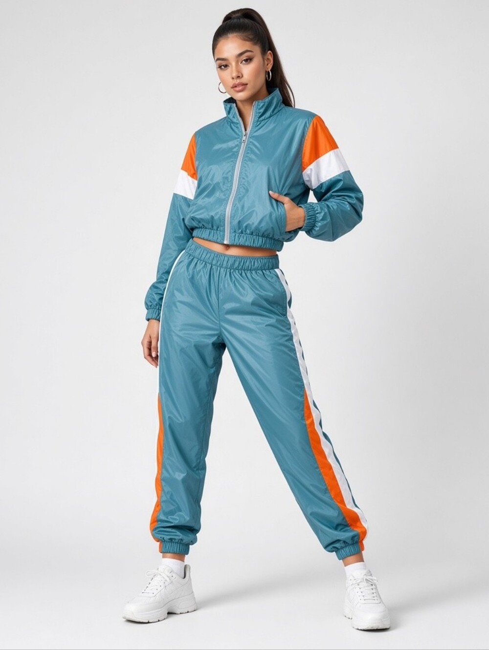 NWOT Women's Size S Colorblock Windbreaker Tracksuit Set Teal Orange White